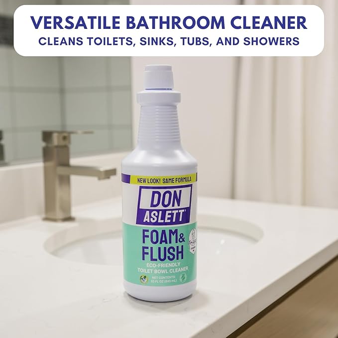 Don Aslett Johnny Mop &amp Foam n Flush Toilet Bowl Cleaner (32 Oz Bottle 2-Pack) Set | Environmentally Friendly &amp Biodegradable Organic Acid Formula Deodorizer | Scratch Free Bowl Swab