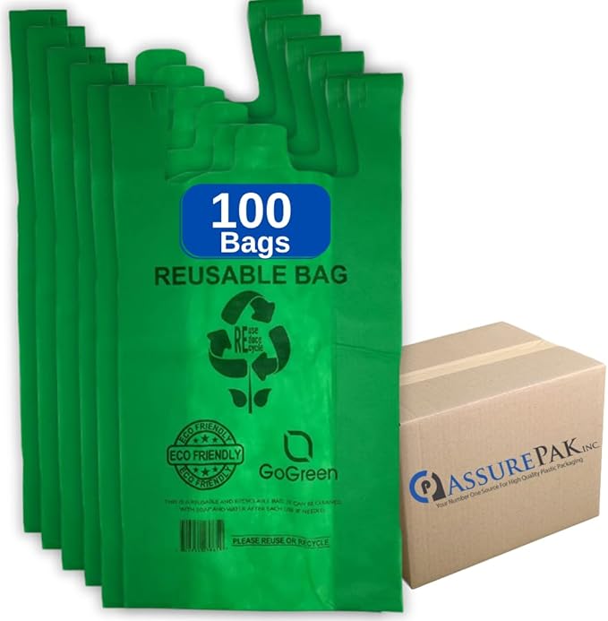 ASSUREPAK Green PP Non Woven Reusable Bags - 100 Bags - 1/6 BBL 12X7X22 - 45 GSM - Green - 12722GRNPPNWRB45