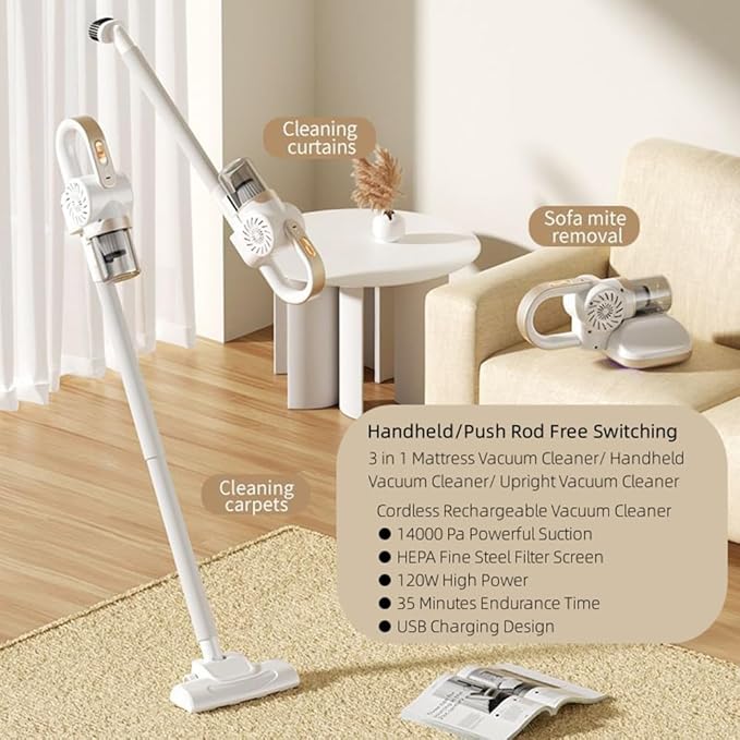 Lightweight Cordless Stick Vacuum Cleaner with Bed Vacuum 2-in-1 Mattress Vacuum and Upright Vacuum 14000Pa Rechargeable Handheld Vacuum Household Vacuum for Pet Hairs Hardwood Floors (White)