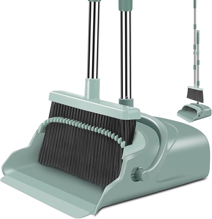 kelamayi Upgrade Broom and Dustpan Set Large Size and with Long Handle UprightIdeal for Indoor Outdoor Garage Kitchen Room Office Lobby Use (Green)