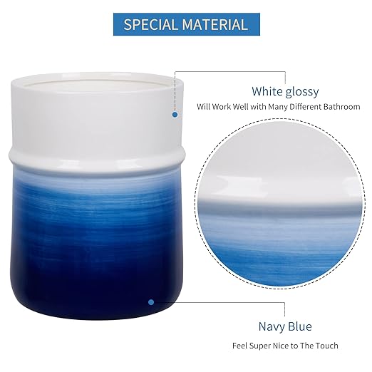 Decorative Round Small Trash Can Wastebasket Garbage Container Bin for Bathrooms Powder Rooms Kitchens Home Offices-Hand Painted Navy BlueCeramic