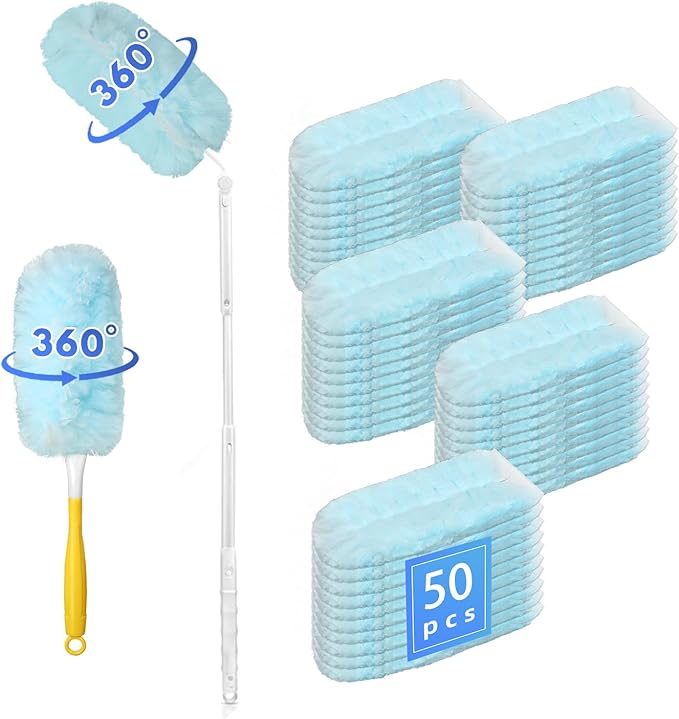 50 Count Duster Refills 360° Heavy Duty Duster Refills Kit Compatible with Swiffer Duster Disposable Microfiber Feather Dusters for Cleaning Home