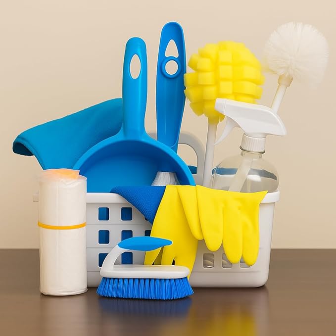 Total Clean Starter Kit – 10-Piece Cleaning Caddy Set for Home Apartments Dorms &amp Janitorial Use – Includes Cloths Gloves Brushes Spray Bottle Trash Bags Dustpan