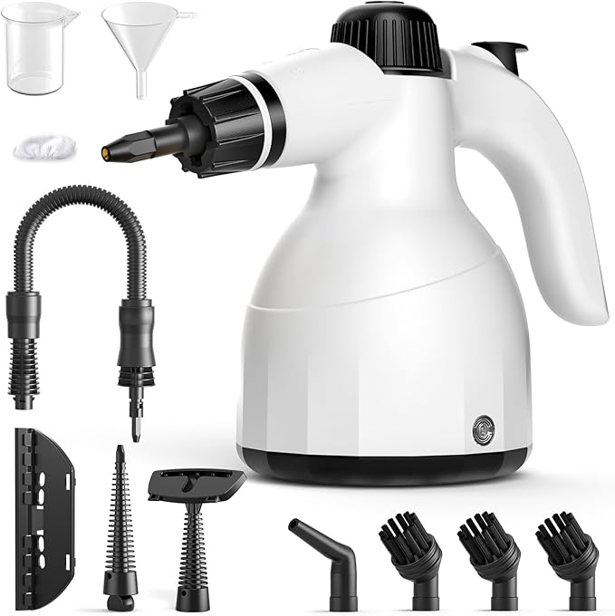 Handheld Steam Cleaner: Multi-Surface Steamer with 10 PCS Accessories Pressurized Natural Steam Cleaner for Home Cleaning Dirt Grease Grout Tile Floor Couch and Car White