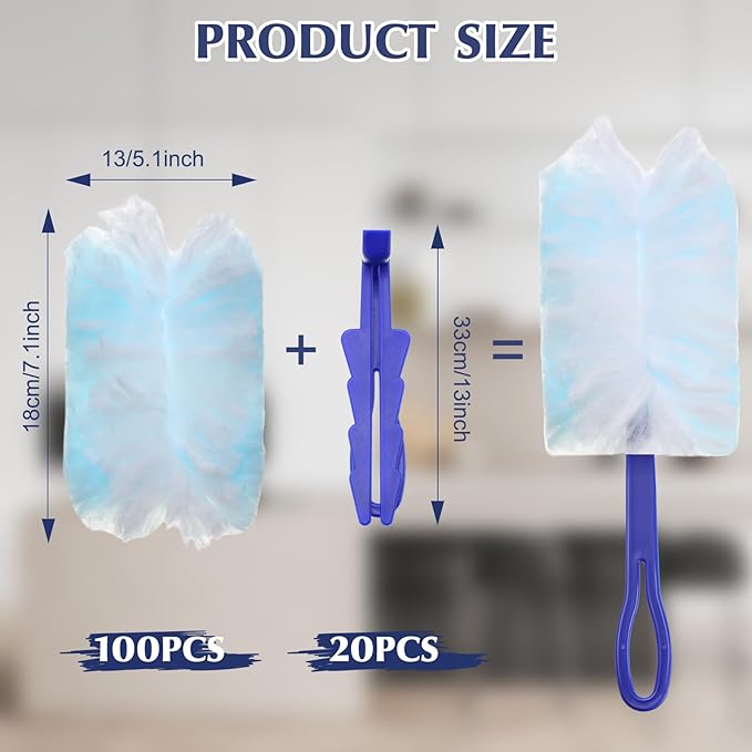 Yaomiao 120 Pcs Duster Refills for Cleaning Includes 100 Disposable Duster Refills Bulk with 20 Replacement Handle for Cleaning Office Home Blinds Ceiling Fans Furniture(Blue)