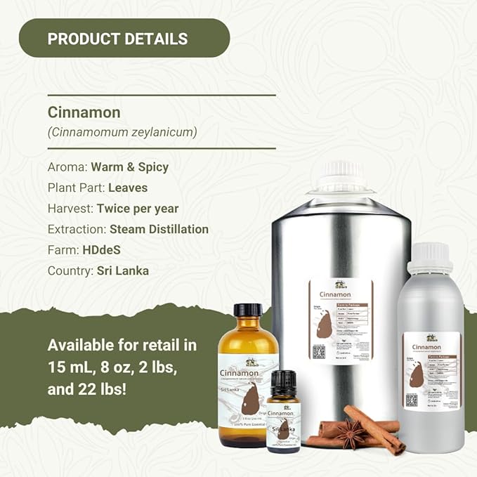 Cinnamon Essential Oil - Direct from Sri Lankan Essential Oils - 100% Pure - Natural Aceite de Canela for Aromatherapy &amp Wellness - Premium Grade (2lbs)