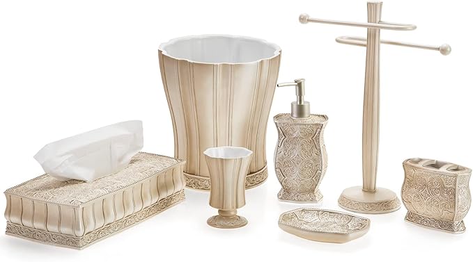 Creative Scents Victoria Beige Bathroom Accessories Set - Decorative Bathroom Accessory Set - 4 Piece Bathroom Set Features: Soap Dispenser Toothbrush Holder Tumbler and Soap Dish