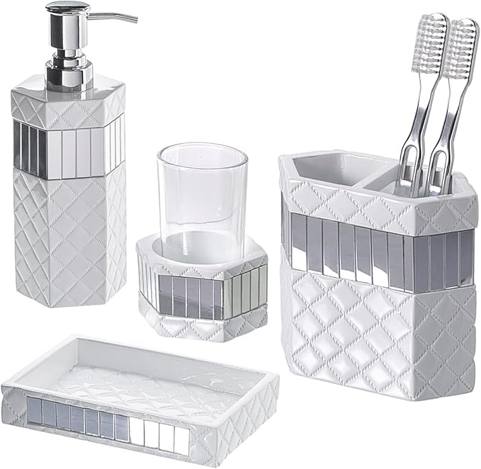 Creative Scents Quilted Mirror White Bathroom Accessories Set - Decorative 6 Piece Bathroom Set Includes: Trash Can Tissue Box Cover Soap Dispenser Toothbrush Holder Tumbler &amp Soap Dish