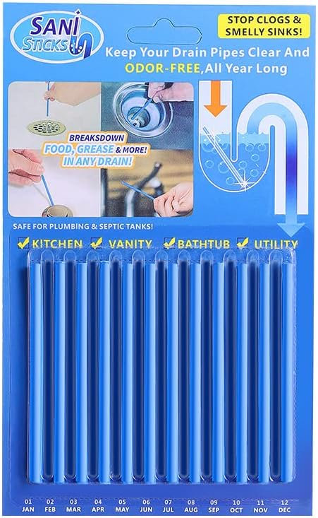 “12-Count Drain Cleaning Sticks Pipe Clog Preventer &amp Odor Eliminator Dissolve Grease/Food Residue Safe for Kitchen Sinks/Bathroom Drains/Septic Systems”