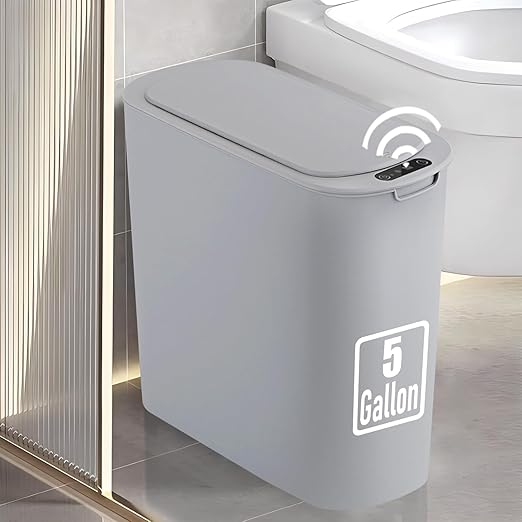 TIPGO 5 Gallon Motion Senor Bathroom Trash Can with Lid Automatic Garbage Can Touchless Smart Plastic Waste Basket for Narrow Spaces Bathroom Office Bedroom Living Room (Gray)