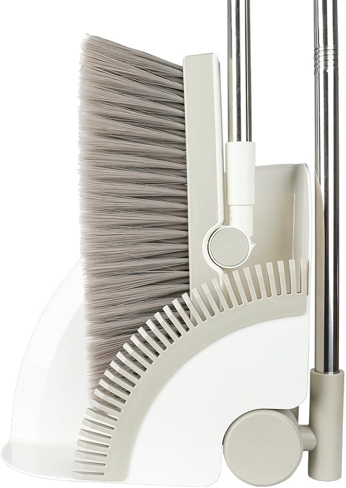 Triangular Indoor Broom and Dustpan Comb Set 180° Rotating Soft Bristle Long Handle Upright Sweeping Angled Broom with Self-Cleaning Teeth for Home Kitchen Office Wood Floor (White Gray)