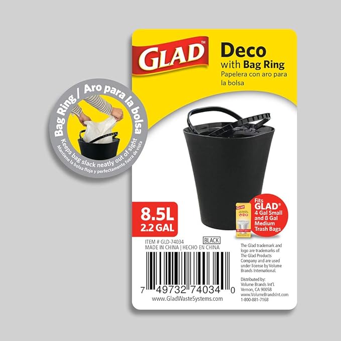 Glad Small Waste Basket with Bag Ring | Trash Can for Home Office Bedrooms and Bathrooms 8.5L Black