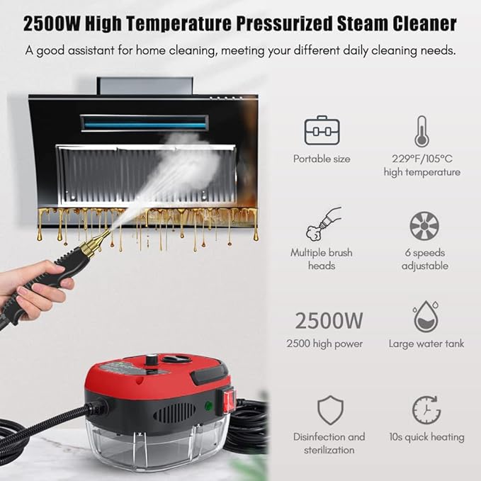 2500W Portable Handheld Steam Cleaner High Temperature Pressurized Steam Cleaning Machine with Brush Heads for Kitchen Furniture Bathroom Car