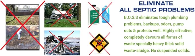 B.O.S.S. Septic Tank Treatment - 12.5oz Powder - 24 Drain or 5 Septic Doses - Patented Bacterial Enzyme - 100% Treats Odors Clogs Backups Pumpouts &amp Repairs - Works in All Septic Systems - Made in