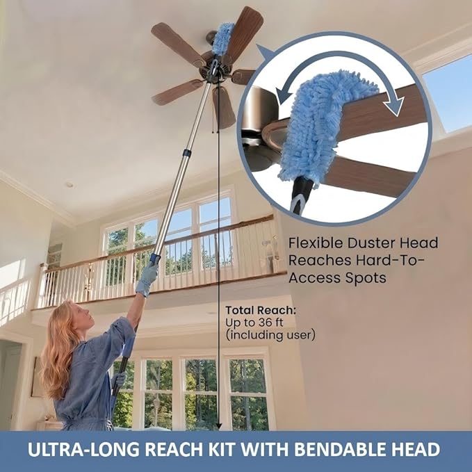 36ft High Ceiling Duster Kits with 5-30ft Heavy Duty Extension Pole - Fan Blade Cleaner Cobweb Remover &amp Blue Window Squeegee Kit Washable Dust Brush for High Roof and Glass Surfaces