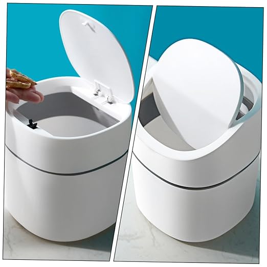 2pcs Small Desktop Trash Can with Lid Odorless Wear-Resistant Plastic Wastebasket for Kitchen Living Room Bathroom Office Compact Garbage Container for Home Use
