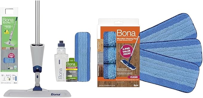 Bundle of Bona Spray Mop Air - Includes Multi-Surface Floor Cleaner Concentrate &amp Microfiber Pad - Lemon Mint Scent - Lightweight &amp Compact Mop + Bona Microfiber Cleaning Pad 3-Pack