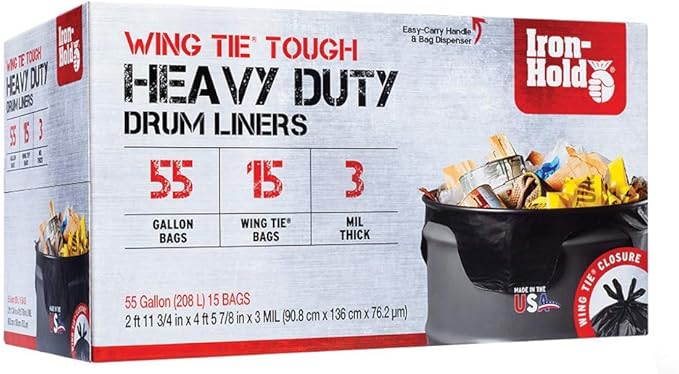 Contractor Trash Bags - 55 Gallon 15 Bags Wing Tie Closure 3 MIL Thick Gusseted Bottom Black - Heavy Duty Industrial Strength Garbage Bags