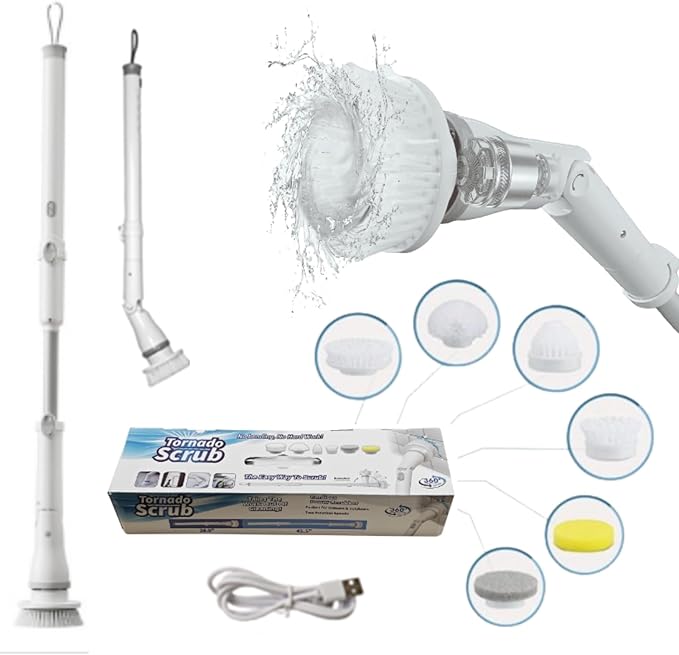 Electric Spin Scrubber - Cordless Cleaning Head with 6 Replaceable Brushes - 90° Rotatable - Ideal for Floor Window Cars - Ivory White