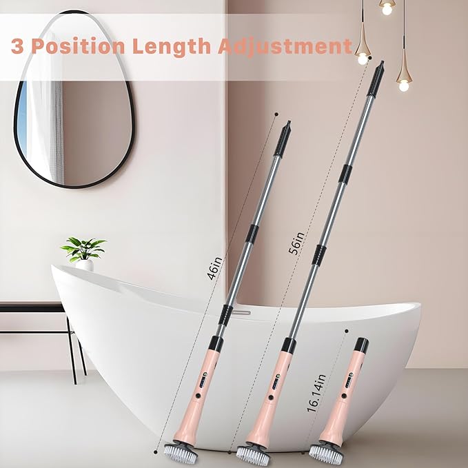 Electric Spin Scrubber Hillyfe Bathroom Scrubber Electric with 7 Replaceable Brush Heads IPX7 Waterproof300/400 RPM 3 Adjustable LengthScrubber Brush Electric for Bathtub FloorPink