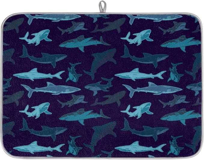 Honeybaby Dish Drying Mat Navy Ocean Shark Dish Drying Mats for Kitchen Counter Absorbent Kitchen Drying Mat Dish Rack Mat 18x24 inches