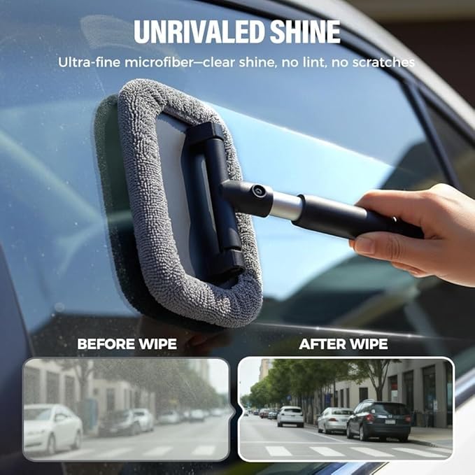 Extendable car Window Cleaner Upgraded with a Large Head and 4 Microfiber Pads Suitable for car interiors and Home Windows.