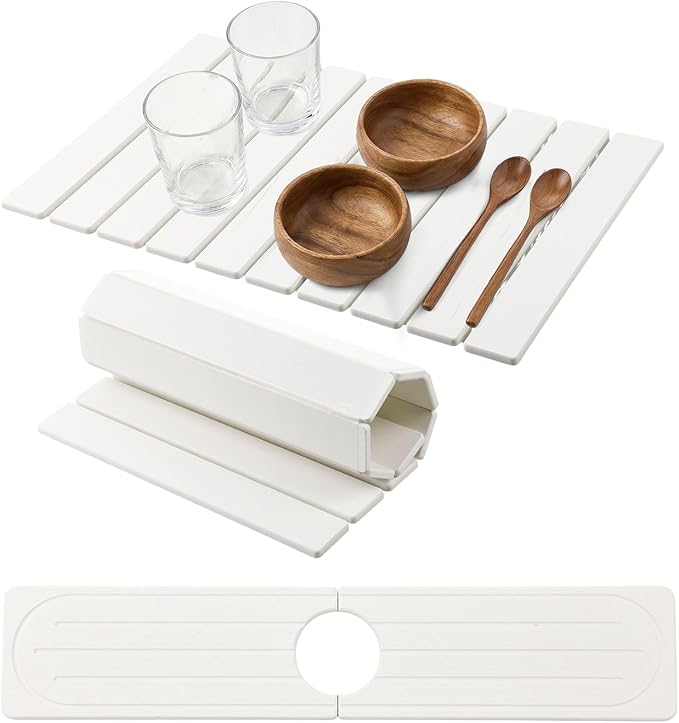 2 Pcs Large Stone Dish Drying Mats for Kitchen Counter 24x16 Water Absorbing Dish Drying Mat with Faucet Mat for Kitchen Sink Non-Slip and Foldable for Dishes Bottles Cups(White)