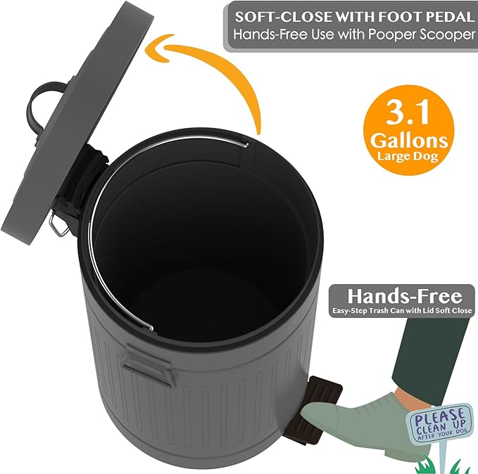 PAWZIDEA Dog Poop Trash Can Outside Odor Control 3.1Gallon Large Pet Poop Can Outdoor with Lid No Smell Waterproof Pet Waste Trash Can Dog Waste Station Step Garbage Can Bin Container BackyardGrey