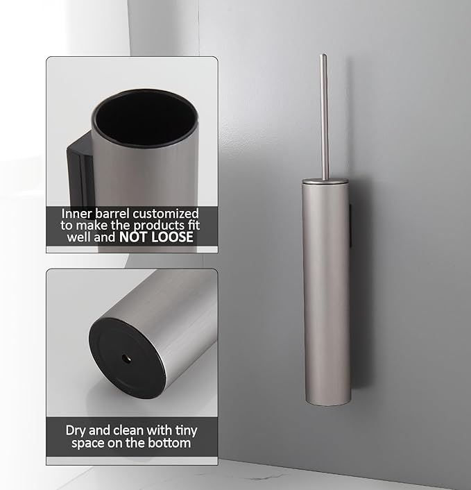 BGL Toilet Brush and Holder Set Brushed Nickel Wall Mounted for Bathroom Round Design