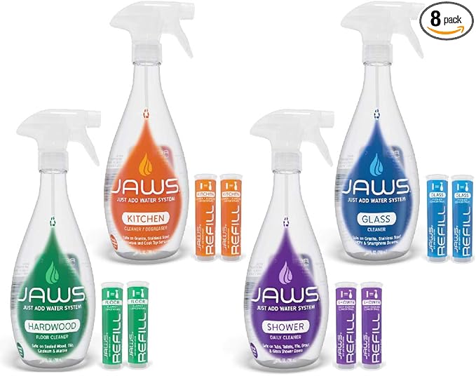JAWS Cleaners Home Cleaning Kit Multi-Surface Kitchen Glass Shower and Hardwood Floor 2 Refill Pods Included. Refillable Cleaning Supplies.
