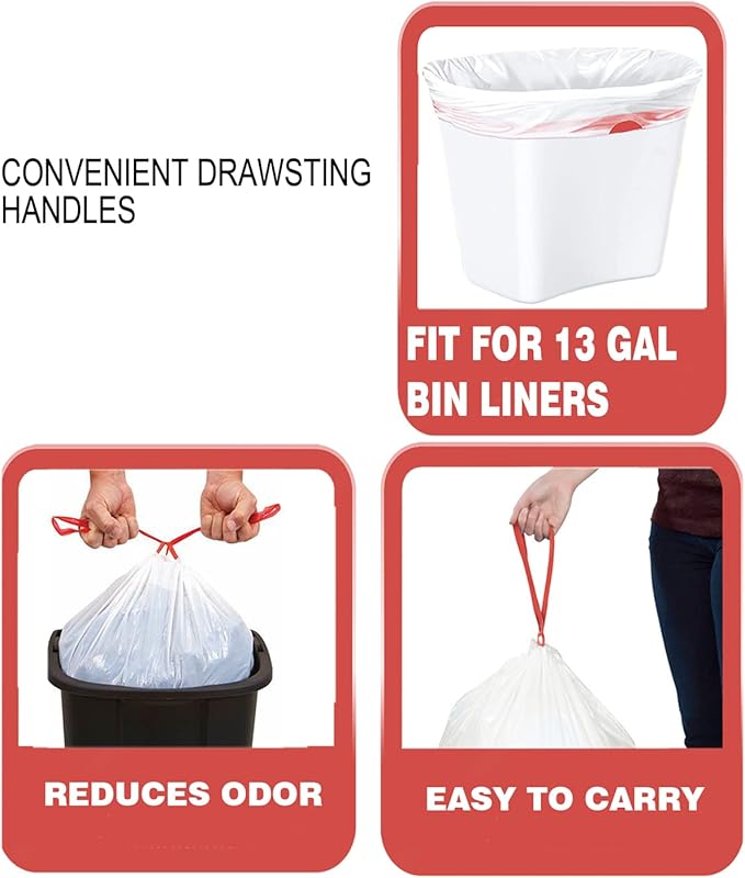 Trash Bags 13 Gallon Drawstring 100 Count Multifold Roll Garbage Bags Tall Kitchen Trash Bag Odorless &amp Extra strength White Plastic Food Scrap Bag for Home Office Bathroom Kitchen Bins