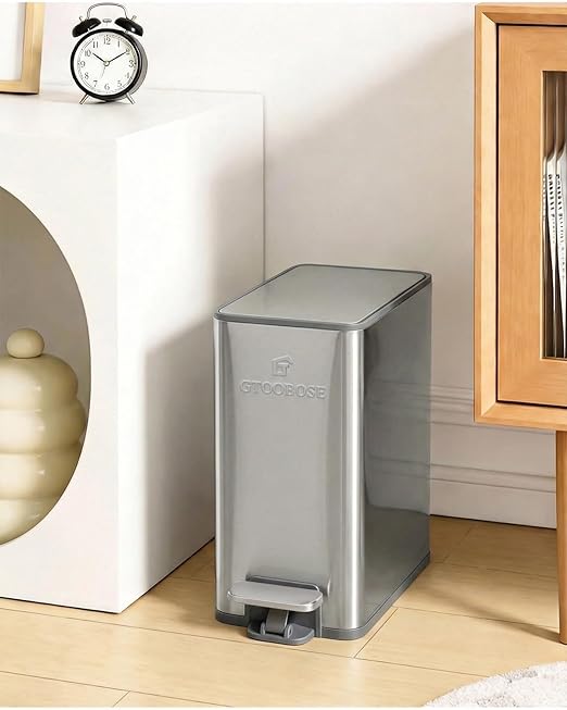 10L/2.6G Slim Bathroom Trash Can Narrow Stainless Steel Soft-Close Step Pedal Bin with Lid Odor Control Carbon Box Removable Inner Bucket Small Waste Bin for Bedroom Office RV (Silver)