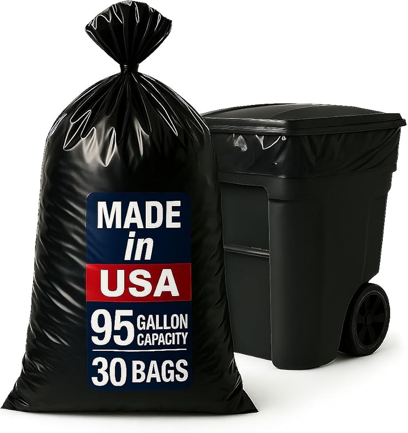 95–96 Gallon Heavy Duty Trash Bags – 30 Count Large Black Garbage Bags for Outdoor Bins Contractor Lawn and Commercial Use – 2.5 Mil Thick Can Liners 61 x 68