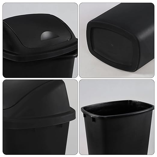 4-Pack 13 Gallon Plastic Swing Top Trash Can Lidded Wastebasket Garbage Can for Kitchen Garage or Workspace Black