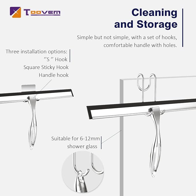 TOOVEM 14 Inch Shower Squeegee for Glass Doors Window Bathroom Car Windshield Shower Cleaning Tools with S Hook Square Sticky Hook (Silver)