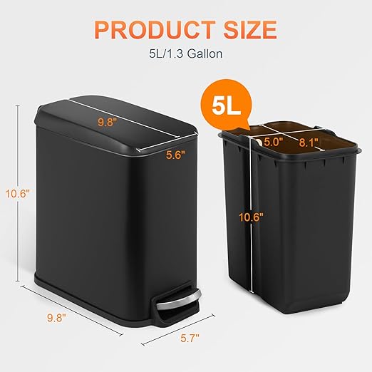 PayLessHere 1.3 Gallon Small Bathroom Trash Can with Lid Black Stainless Steel Garbage Can with Removable Inner Bucket for Home and Bathroom (5Liter)
