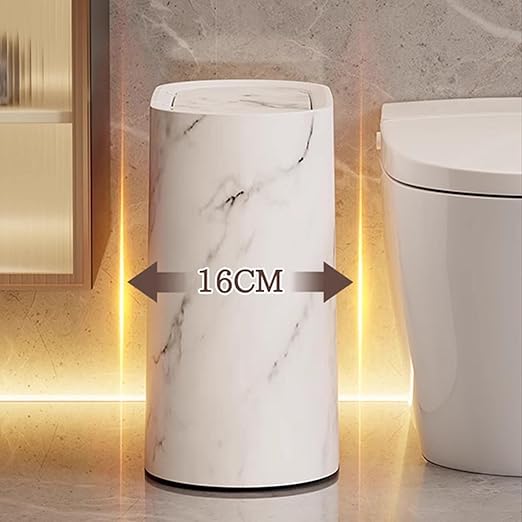 Waste Basket for Bathroom with Lids Plastic Marble Wood Pattern Trash Can Small Garbage Bin with Lid for Bathroom Narrow Waste Basket Modern Waste Basket for Home (White-11.6 * 11.2'')