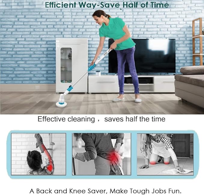 Electric Spin Scrubber360 Cordless Tub and Tile ScrubberMulti-Purpose Power Surface Cleaner with 3 Replaceable Cleaning Scrubber Brush HeadsExtension Handle Shower Scrubber for Bathroom Floor Tile