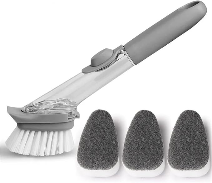 Refillable Liquid Cleaning Brush Kitchen Bowl Scrubber Cleaning Sponge Long Handle Dispenser Cleaner Tool With Dish Soap Washing(3)