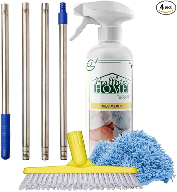 CHOMP! Grout Cleaner Bundle Includes Long Handle Stand Up Brush Refreshes Grout and Removes Stains on Tile Floors and Bathroom Walls &amp Kitchens (4 Pack Set)