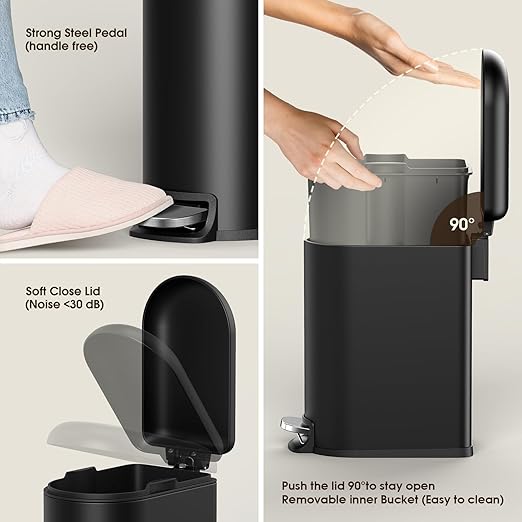 CEROELDA Small Bathroom Trash Can with Lid Soft Close 5L/1.3 Gallon Stainless Steel Slim Garbage Can Metal Waste Basket with Step Pedal for Office Bedroom Toilet Dorm Room (Black 1.3 Gallon)