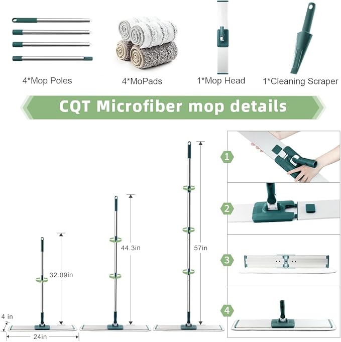CQT Commercial Flat Microfiber Floor Mop Cleaning System 24 Inch Wet Dry and Dust Hardwood with 4 Washable Pads Cleaner for Laminate Tile Stainless Steel Handle and Extension (PT14 Green)