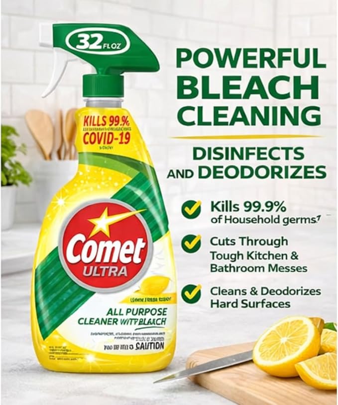 Comet Ultra All-Purpose Cleaner Spray with Bleach Disinfecting Bathroom &amp Kitchen Surface Cleaner Lemon Fresh Scent 32 fl oz (Pack of 2)