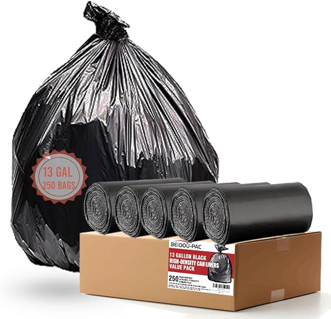 13 Gallon Trash Bags 250 Count Black Tall Kitchen Garbage bags Multi-purpose Trash Can Bin Liners for Bathroom Office Industrial Commercial Janitorial Municipal Recycling