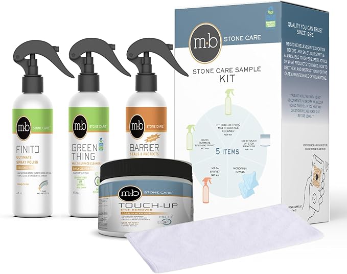 MB Stone Care Sample Kit - MB-11 Marble Etch Remover for Light to Neutral Colored Calcite Based Stone GT-1 Green Thing MB-24 Barrier Sealer Finito Finishing Spray Microfiber Towels
