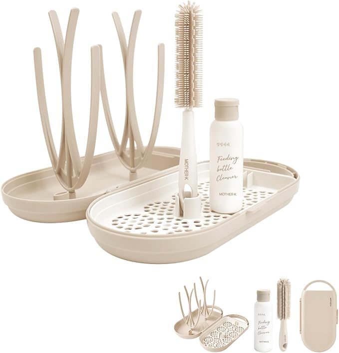 MOTHER-K Travel Baby Bottle Drying Rack Set - Baby Bottle Cleaner Kit with Mini Silicone Bottle Brush Portable Bottle Drying Rack for Home and Travel (Cream)