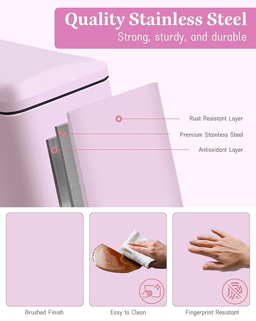 1.3 Gallon Trash Can with Removable Inner Bucket Pink Trash Can with Soft Close lid Stainless Steel Step Pedal Garbage Can for Bathroom Living Room