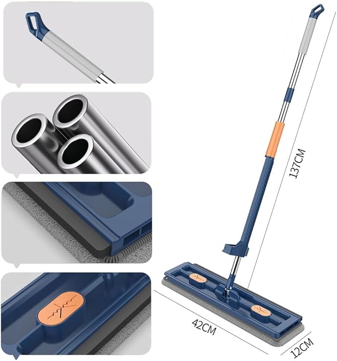 Large Flat Mop Lazy Person's Self-Washing Flat Mop Reusable Microfiber Self-Contained Dewatering Scraper Wet and Dry Use 12027(Bluewith 2 Pads)