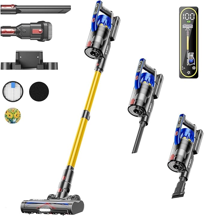 Cordless Vacuum Cleaner 650W 55KPA 70Mins Vacuum Cleaners for Home Self-Standing Stick Vacuum with Removable Battery Wall Mount Charging Anti-Tangle Roller Brush for Pet Hair Carpet All Floors