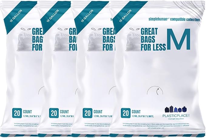 Plasticplace Trash Bags Compatible with simplehuman Code M Packs White Drawstring Garbage Liners 12 Gallon / 45 Liter 21 x 30.5 (20 Count/5 Pack)